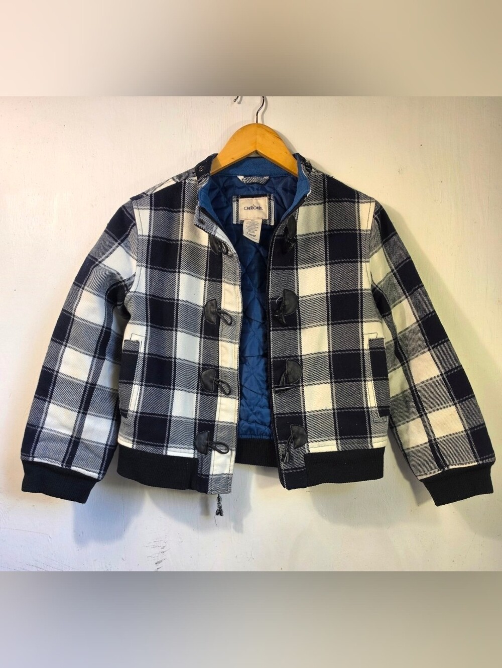 Cherokee Kids Buffalo Plaid Toggle Jacket Black White Blue Lined Size L 10/12